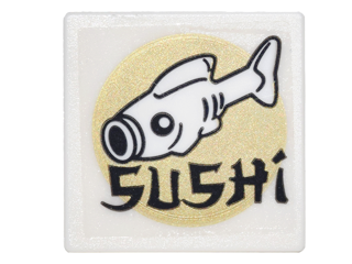Road Sign 2 x 2 Square with Open O Clip with Fish, Gold Circle and Black 'SUSHI' Pattern (Sticker) - Set 70620