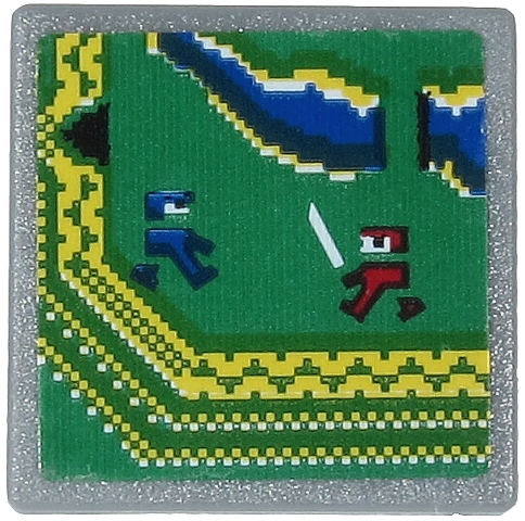 Road Sign 2 x 2 Square with Open O Clip with Video Game Display with Blue and Dark Red Ninja on Green Background Pattern (Sticker) - Set 71712