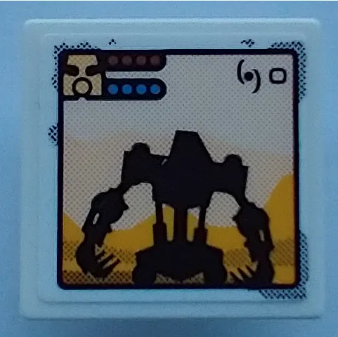 Road Sign 2 x 2 Square with Open O Clip with Black Robot Silhouette (Bionicle Onua), Bright Light Orange Mountains, Mask, and Health Bars on Computer Screen Pattern (Sticker) - Set 70423