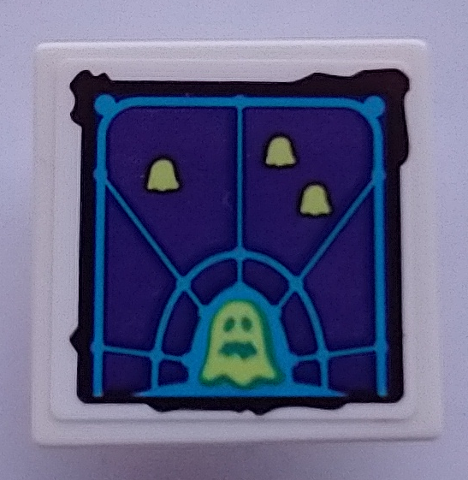 Road Sign 2 x 2 Square with Open O Clip with Dark Purple Screen with Dark Azure Grid, Yellowish Green Ghosts Pattern (Sticker) - Set 70423