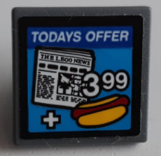 Road Sign 2 x 2 Square with Open O Clip with 'TODAYS OFFER', 'THE LEGO NEWS', '399' and Hot Dog Pattern (Sticker) - Set 60200