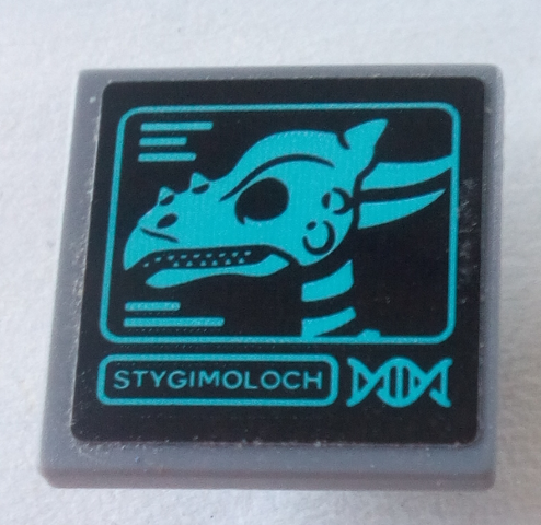Road Sign 2 x 2 Square with Open O Clip with 'STYGIMOLOCH' and Dinosaur Skull Pattern (Sticker) - Set 75927