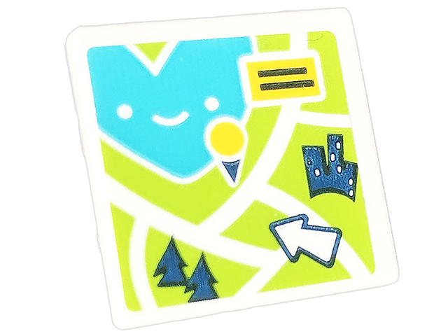 Road Sign 2 x 2 Square with Open O Clip with Lime Map with Arrow, Trees, Buildings, and Medium Azure Heart Lake Pattern (Sticker) - Set 41703