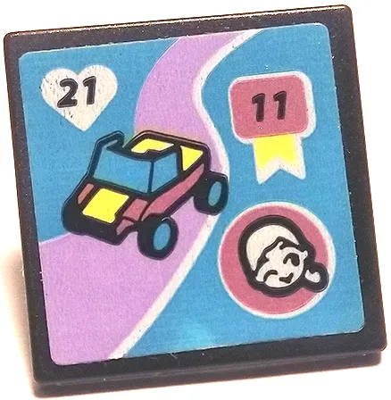Road Sign 2 x 2 Square with Open O Clip with Car on Lavender Road, '21' on Heart and '11' on Ribbon on Medium Azure Background Pattern (Sticker) - Set 41667