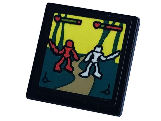 Road Sign 2 x 2 Square with Open O Clip with Screen, Characters with Swords and Health Bars in Video Game Pattern (Sticker) - Set 41755