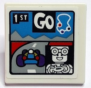Road Sign 2 x 2 Square with Open O Clip with Race Car, Track Outline, Gamer Minifigure, '1ST' and 'GO' Pattern (Sticker) - Set 70436