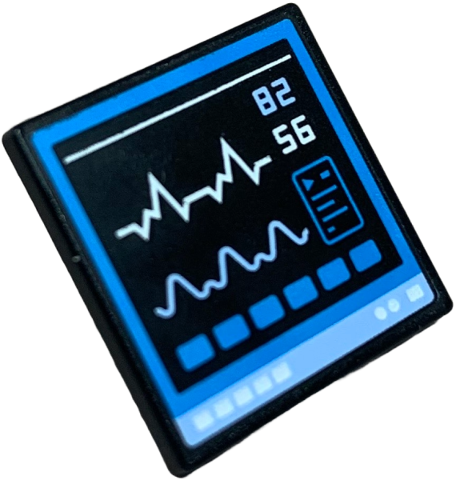 Road Sign 2 x 2 Square with Open O Clip with Hospital Computer Screen with Dark Azure Border and Buttons, Bright Light Blue '82', Monitor Wave and Base, White '56' and Lines Pattern