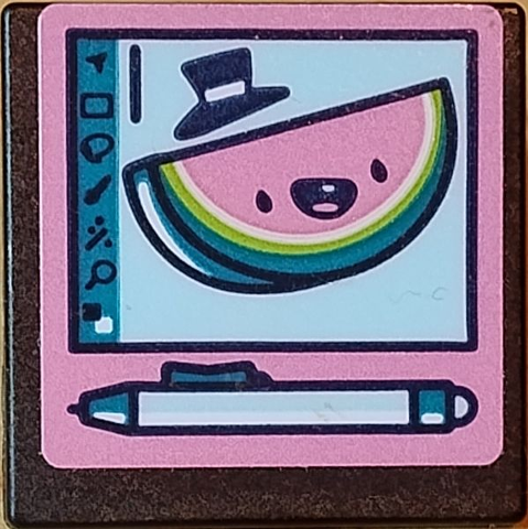 Road Sign 2 x 2 Square with Open O Clip with Screen with Dark Pink, Dark Turquoise and Lime Watermelon Slice with Face, Hat and Light Aqua Stylus Pen Pattern (Sticker) - Set 41711