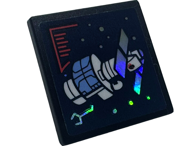 Road Sign 2 x 2 Square with Open O Clip with Screen with White and Bright Light Blue Satellite, Coral Writing, Iridescent Mirrored Solar Panels and Dots on Dark Blue Background Pattern (Sticker) - Set 41713