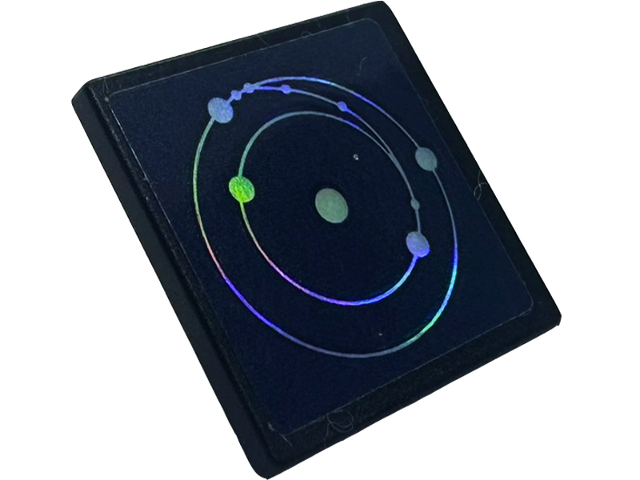 Road Sign 2 x 2 Square with Open O Clip with Screen with Iridescent Mirrored Solar System on Dark Blue Background Pattern (Sticker) - Set 41713