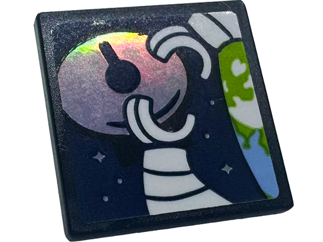 Road Sign 2 x 2 Square with Open O Clip with Screen with Bright Light Blue and Lime Earth, White Minifigure Arms and Hands, Iridescent Mirrored Stars and Radar Dish on Dark Blue Background Pattern (Sticker) - Set 41713