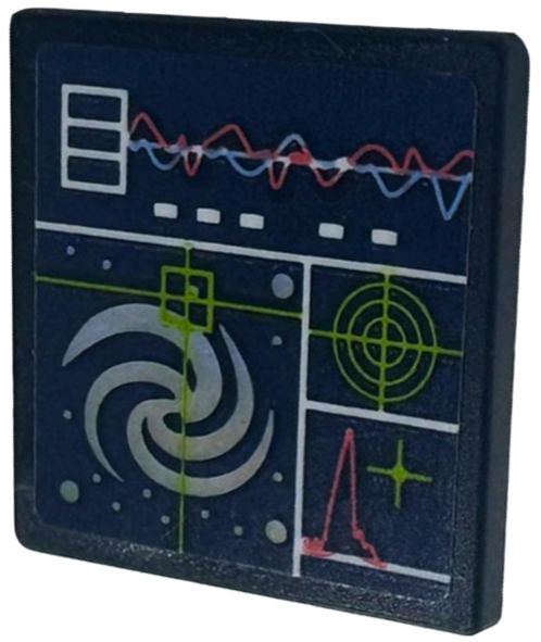 Road Sign 2 x 2 Square with Open O Clip with Screen with Iridescent Mirrored Galaxy and Dots, Bright Light Blue, Coral and Lime Radar, Target and Graphs on Dark Blue Background Pattern (Sticker) - Set 41713