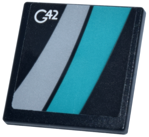 Road Sign 2 x 2 Square with Open O Clip with White 'G42' Logo and Dark Turquoise and Light Bluish Gray Wide Lines Pattern Model Left Side (Sticker) - Set 77244
