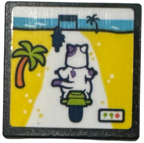 Road Sign 2 x 2 Square with Open O Clip with Video Game Screen, Palm Trees, Finish Line and Racing Cat on Motorbike Pattern (Sticker) - Set 42674