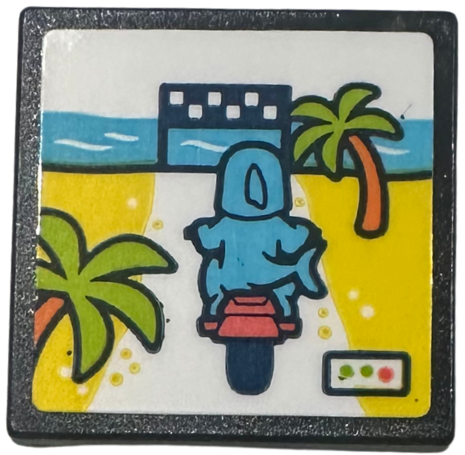 Road Sign 2 x 2 Square with Open O Clip with Video Game Screen, Palm Trees, Finish Line and Racing Shark on Motorbike Pattern (Sticker) - Set 42674