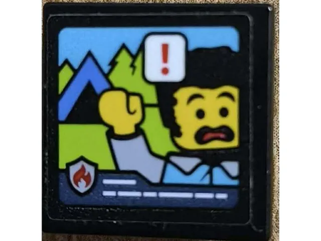 Road Sign 2 x 2 Square with Open O Clip with Computer Screen with Waving Worried Minifigure Video Call, Fire Logo Badge and Exclamation Mark Pattern (Sticker) - Set 60414