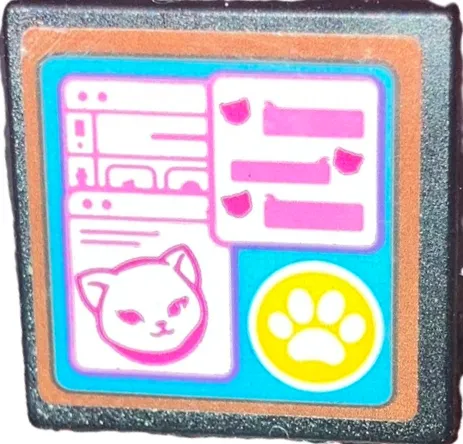Road Sign 2 x 2 Square with Open O Clip with Computer Screen, White Paw Print in Yellow Circle, Dark Pink and Magenta Cat and Speech Bubbles in Windows on Medium Azure Background Pattern (Sticker) - Set 41742