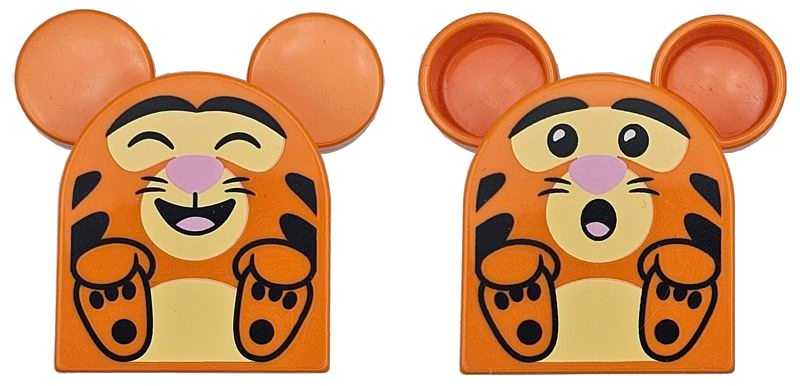 Duplo, Brick 2 x 2 x 2 Curved Top with Rounded Ears with Hands and Paws, Black Tiger Stripes, Bright Pink Nose, Bright Light Yellow Muzzle, Open Mouth Smile with Closed Eyes / Surprised Pattern (Tigger)