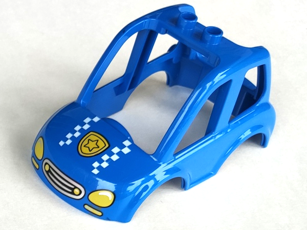 Duplo Car Body High Cab 2 Top Studs with Yellow Headlights, Police Badge, White Checkered Stripes Pattern