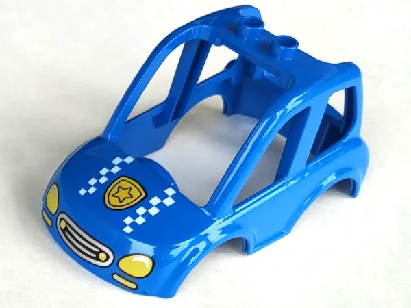 Duplo Car Body High Cab 2 Top Studs with Yellow Headlights, Police Badge, White Checkered Stripes Pattern