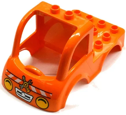 Duplo Car Body Truck 4 x 4 Flatbed with 2 Top Studs, Grille and Headlights, White Danger Stripes, Wrench and Screwdriver Pattern