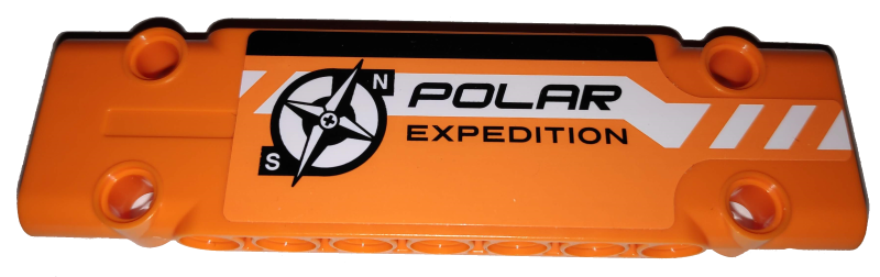 Technic, Panel Plate 3 x 11 x 1 with Black and White Stripes Partially Dotted, 'POLAR EXPEDITION' and Compass Logo on Orange Background Pattern Model Left Side (Sticker) - Set 42038