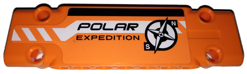 Technic, Panel Plate 3 x 11 x 1 with Black and White Stripes Partially Dotted, 'POLAR EXPEDITION' and Compass Logo on Orange Background Pattern Model Right Side (Sticker) - Set 42038