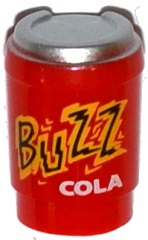 Minifigure, Utensil Cup, Take Out Cup without Top Hole with Silver Lid and Black, Yellow and White 'BUZZ COLA' Pattern