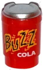 Minifigure, Utensil Cup, Take Out Cup without Top Hole with Silver Lid and Black, Yellow and White 'BUZZ COLA' Pattern