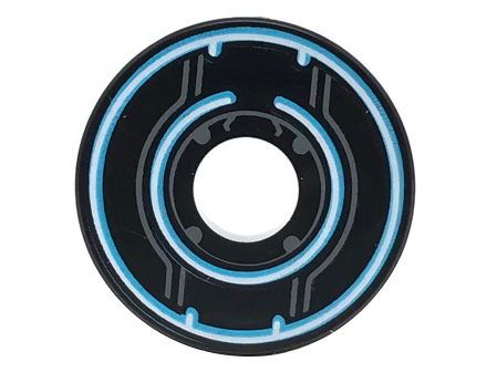 Tile, Round 2 x 2 with Hole with White and Dark Azure Circles, Dark Bluish Gray Circuitry Pattern