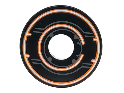 Tile, Round 2 x 2 with Hole with White and Orange Circles, Dark Bluish Gray Circuitry Pattern