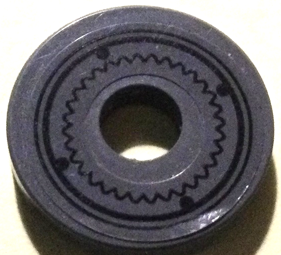 Tile, Round 2 x 2 with Hole with Black Gear, Rivets and Circles Pattern (Sticker) - Set 70916