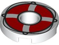 Tile, Round 2 x 2 with Hole with Red Life Preserver with Black Loops and String Pattern