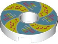 Tile, Round 2 x 2 with Hole with Bright Light Yellow and Medium Blue Rotating Panels, Coral  and Reddish Orange Equalizer Bars and Music Notes Pattern