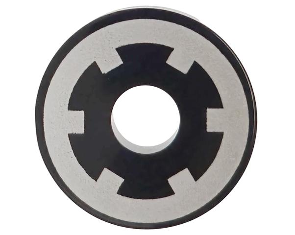 Tile, Round 2 x 2 with Hole with Silver Sprocket Wheel (Spool) Pattern