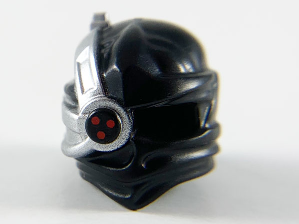 Minifigure, Headgear Ninjago Wrap with Silver Cyborg Eyepiece with One Red Dot on Bottom without Silver Outline Pattern