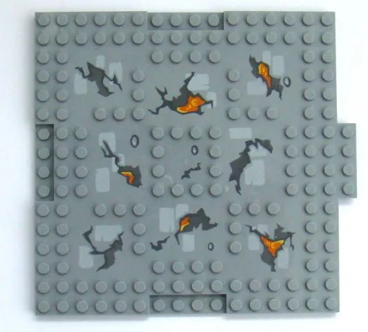 Brick, Modified 16 x 16 x 2/3 with 1 x 4 Indentations and 1 x 4 Plate with Cracks and Lava Pattern