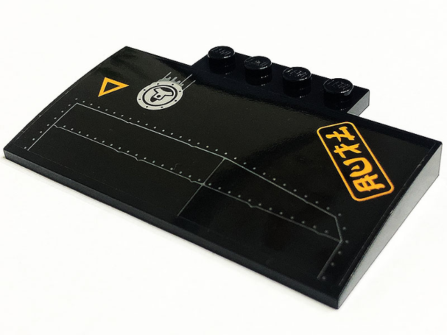 Slope, Curved 5 x 8 x 2/3 with 4 Studs with Orange Triangle, Ninjago Logogram 'FLOE', Fuel Filler Cap and Plates Pattern Model Right Side (Sticker) - Set 71736