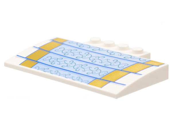 Slope, Curved 5 x 8 x 2/3 with 4 Studs with 4 Gold Steps with Bright Light Blue Runner, Metallic Light Blue Filigree Pattern