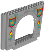 Panel 4 x 16 x 10 with Dark Turquoise Torches, Castle Banners with Gold Crown, Dark Bluish Gray Mickey Mouse Logo and Bricks Pattern