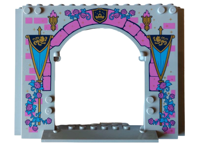 Panel 4 x 16 x 10 with Dark Pink Bricks, Roses and Flames, Torches, Dark Azure Vines, and Gold Lions on Dark Blue Banners Pattern