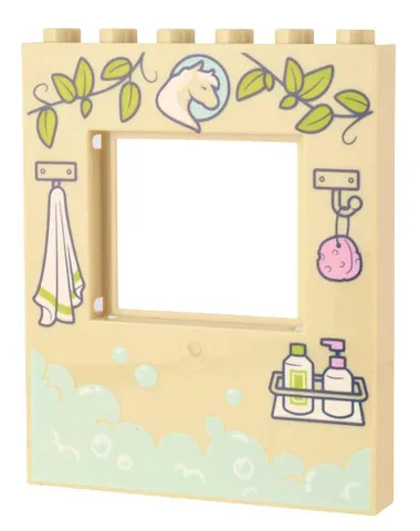 Panel 1 x 6 x 6 with Window with Lime Vine Leaves, Horse Emblem, Towel and Sponge on Hooks, Soap Dispencers, and Light Aqua Soap Suds Pattern