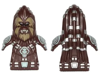 Minifigure, Head, Modified SW Wookiee, Chief Tarfful with Dark Tan Face Fur, Teeth and Silver Hair Ornaments Pattern