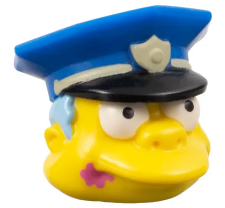 Minifigure, Head, Modified Simpsons Chief Wiggum with Dark Pink Frosting Splotch on Mouth Pattern