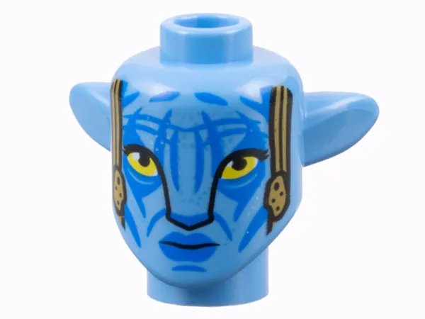 Minifigure, Head, Modified Alien Na'vi with Yellow Eyes, Silver Spots, Blue Markings and Lips, Dark Tan Tassels, Neutral Pattern