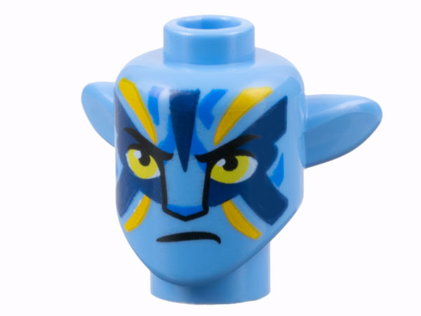 Minifigure, Head, Modified Alien Na'vi with Yellow Eyes, Blue Markings, Bright Light Orange and Dark Blue War Paint, Frown Pattern