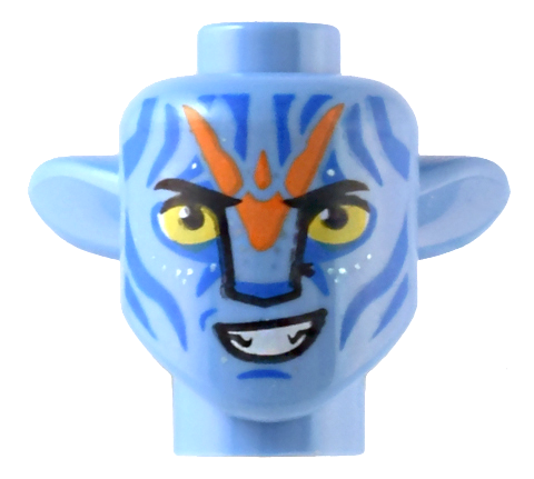 Minifigure, Head, Modified Alien Na'vi with Yellow Eyes, Silver Spots, Blue Markings, Orange War Paint, Lopsided Open Mouth Smile with Teeth Pattern