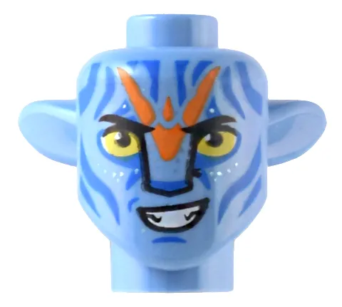 Minifigure, Head, Modified Alien Na'vi with Yellow Eyes, Silver Spots, Blue Markings, Orange War Paint, Lopsided Open Mouth Smile with Teeth Pattern