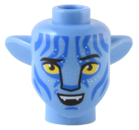 Minifigure, Head, Modified Alien Na'vi with Yellow Eyes, Silver Spots, Blue Markings, Open Mouth Smile with Top Teeth Pattern