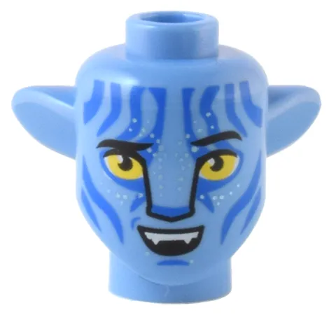 Minifigure, Head, Modified Alien Na'vi with Yellow Eyes, Silver Spots, Blue Markings, Open Mouth Smile with Top Teeth Pattern